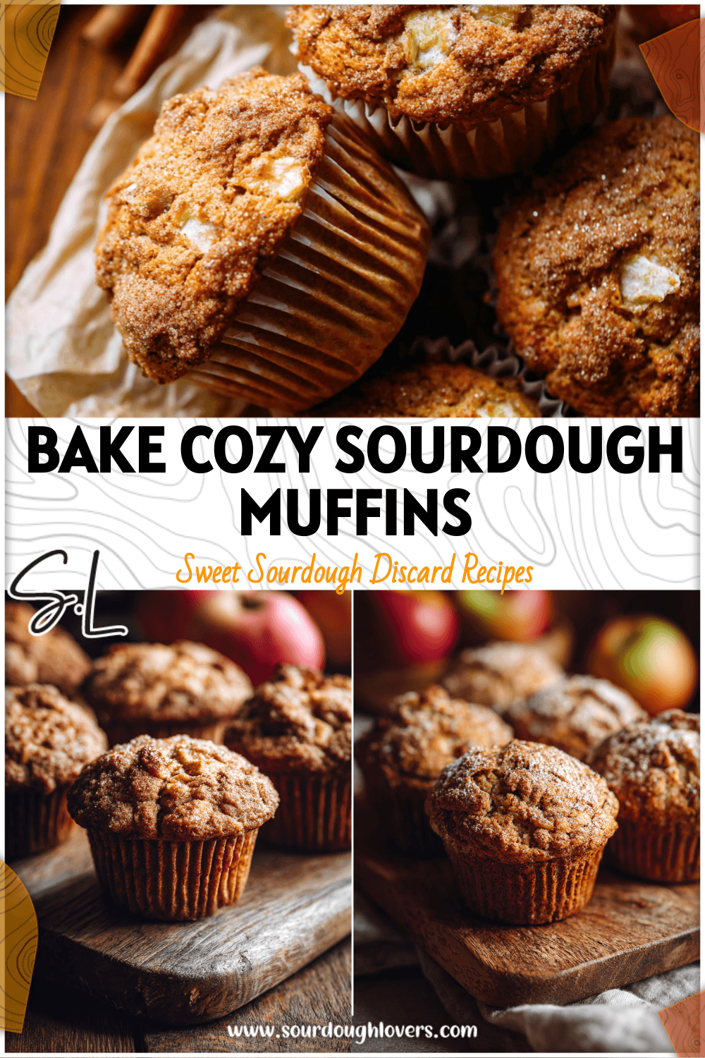 Golden Sourdough Apple Cinnamon Muffins made with sourdough discard on a rustic wooden table.